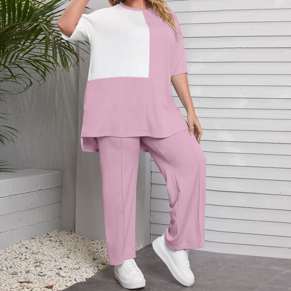 

Plus Contrast Panel Drop Shoulder Tee & Pants, Lilac purple