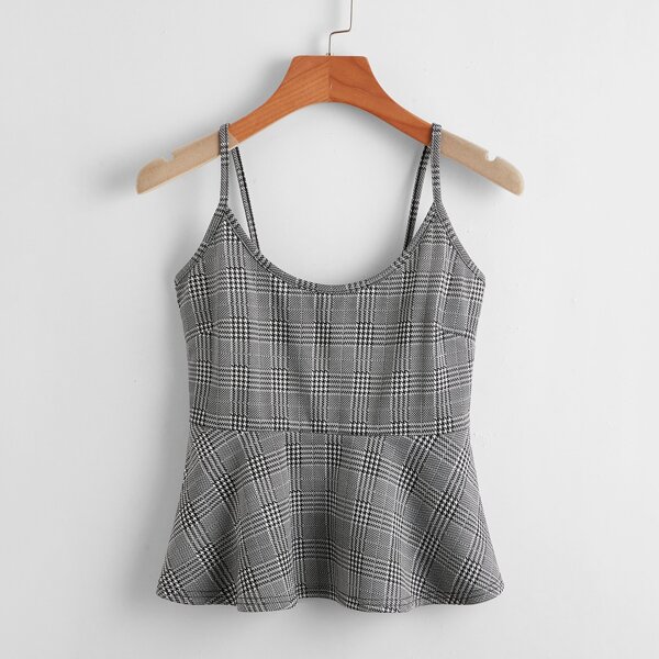 

Plaid Ruffle Hem Cami Top, Grey