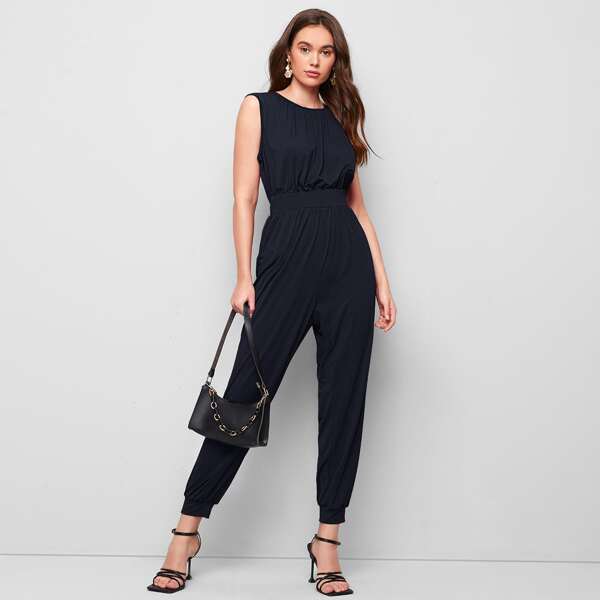 

Solid Backless Tank Jumpsuit, Navy blue