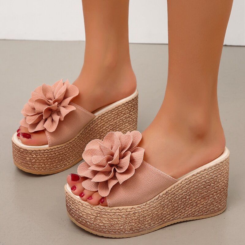 

Floral Espadrille Wedge Mules, Baby pink
