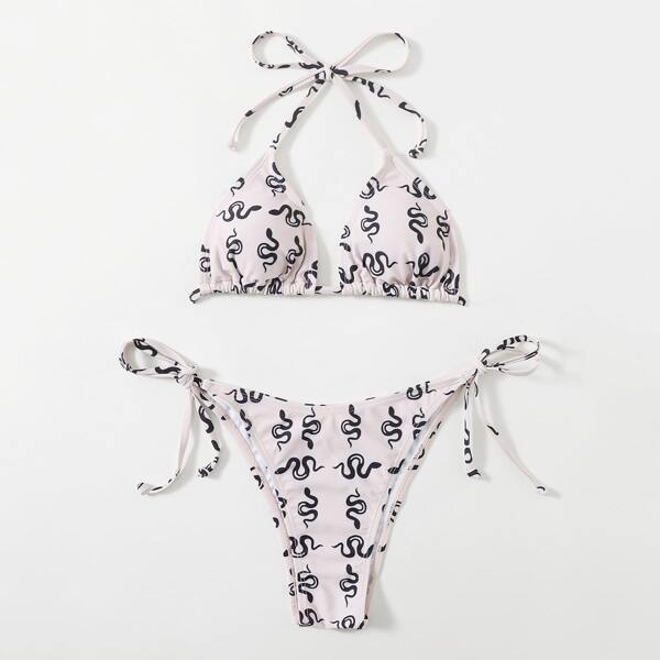 

Snake Random Print Halter Bikini Swimsuit, Multicolor
