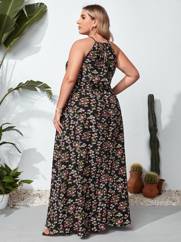 SHEIN VCAY Plus High Split Ditsy Floral Dress - Multicolor - View 2