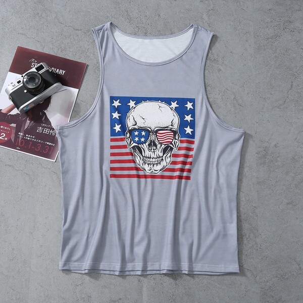 

Men American Flag & Skull Print Tank Top, Grey