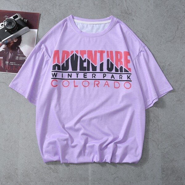 

Men Letter Graphic Crew Neck Tee, Purple