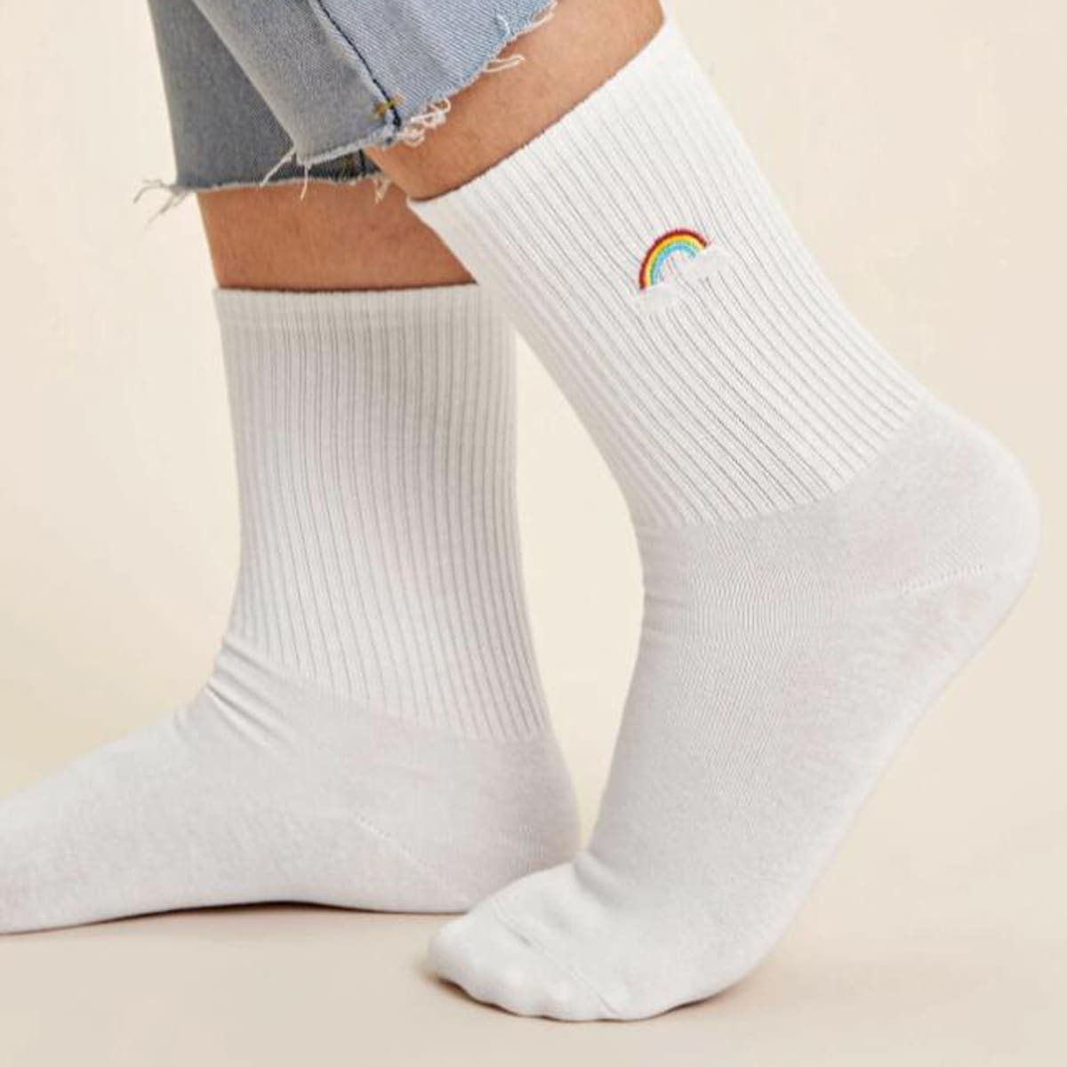 

Rainbow Embroidery Crew Socks, White
