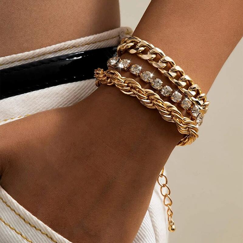 

3pcs Rhinestone & Chain Bracelet, Gold