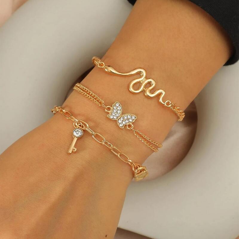 

3pcs Lock & Key Decor Bracelet, Gold
