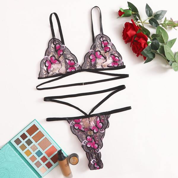 

Embroidered Mesh Lingerie Set, Black