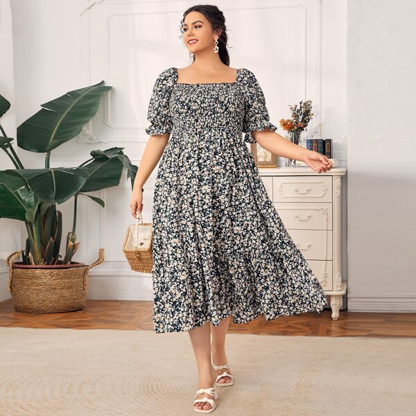

Plus Square Neck Puff Sleeve Shirred Waist Ditsy Floral Dress, Multicolor