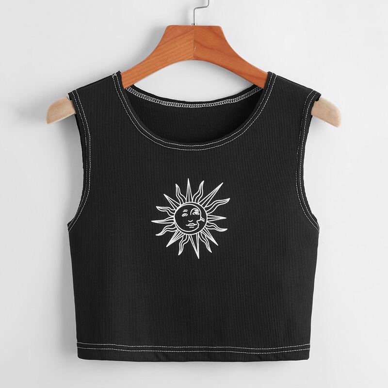

Stitching Trim Sun & Moon Graphic Ribbed Tank Top, Black