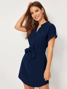 SHEIN Clasi Đầm Thắt lưng màu trơn Giải trí - Màu xanh hải quân - Xem 4