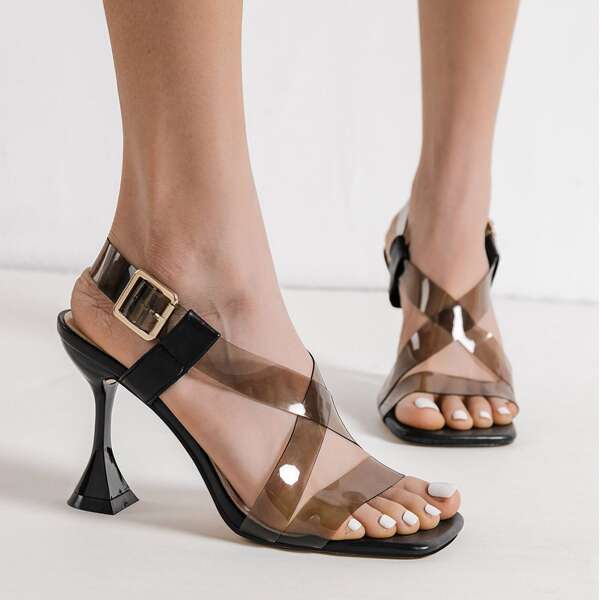 

Buckle Decor Pyramid Heeled Slingback Sandals, Black