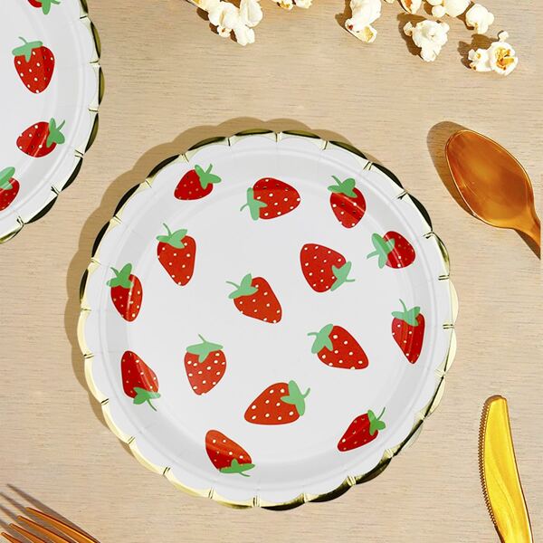 

10pcs Strawberry Print Disposable Plate, Red