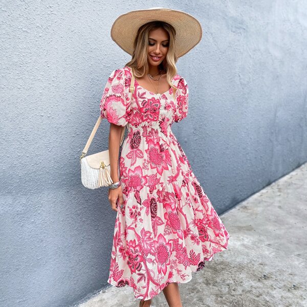 

Sweetheart Neck Puff Sleeve Floral Dress, Multicolor