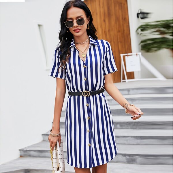 

Button Through Striped Belted Dress, Blue and white