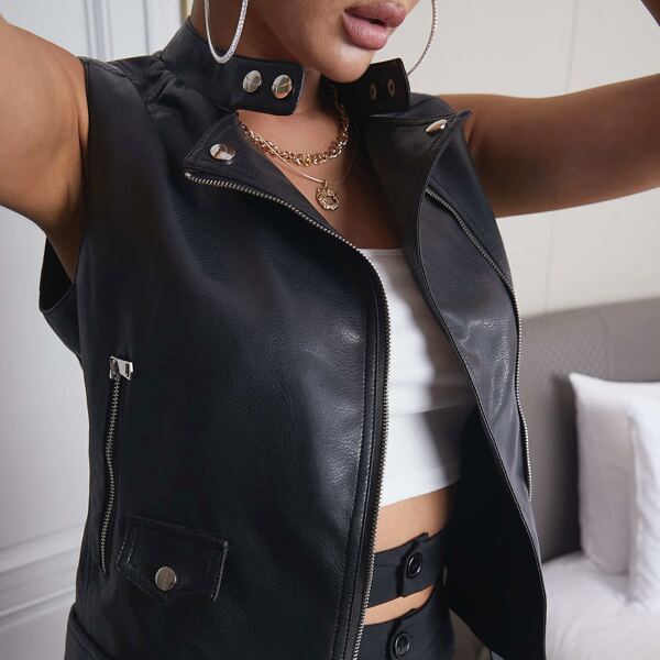 

PU Leather Zip Vest Jacket, Black