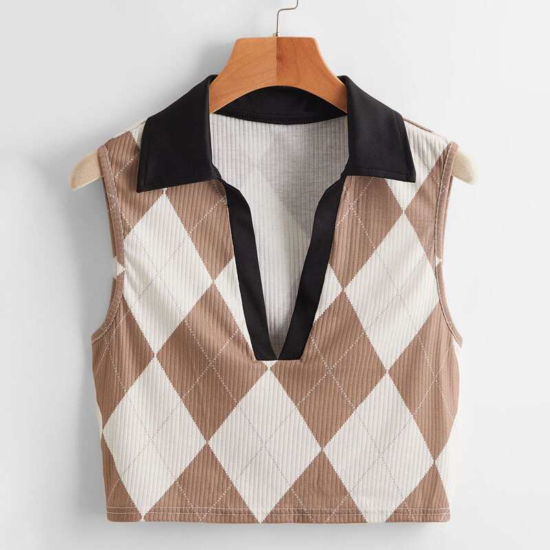 

Argyle Pattern Ribbed Tank Top, Multicolor