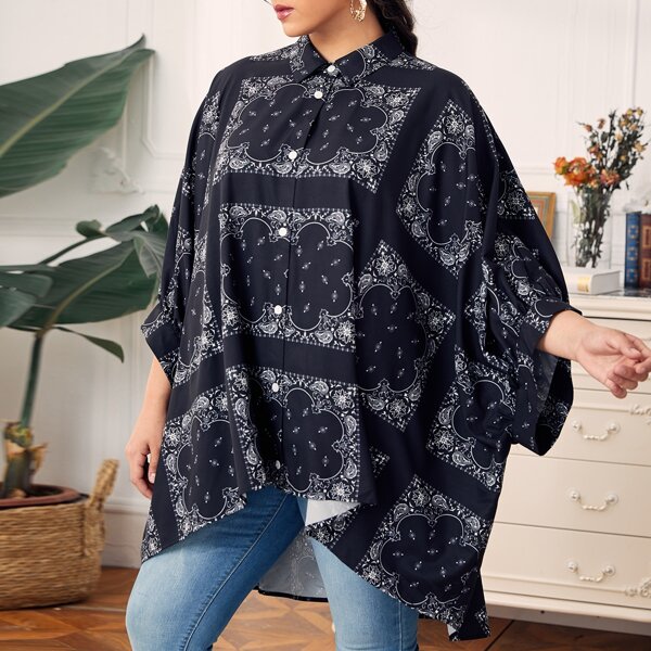 

Plus Batwing Sleeve Scarf Print Blouse, Black and white
