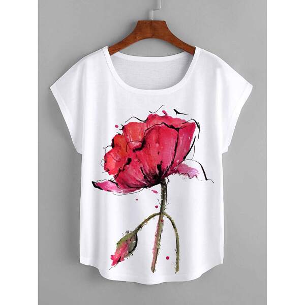 

Flower Print Batwing Sleeve Tee, White
