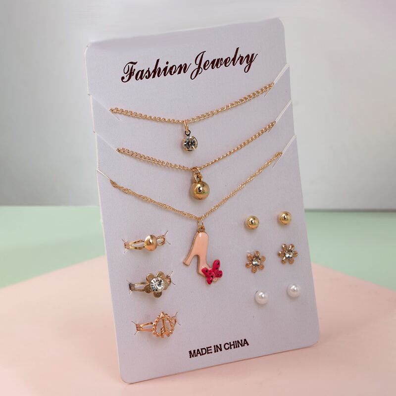 

3pairs Rhinestone Earrings & 3pcs Ring & 1pc Necklace & 2pcs Bracelet, Gold