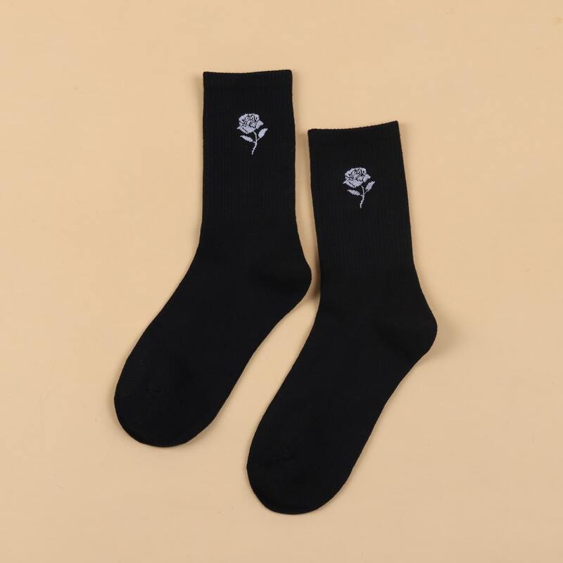 

Flower Print Crew Socks, Black