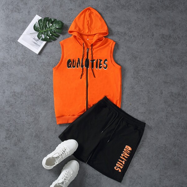 

Men Letter Graphic Drawstring Sleeveless Hoodie & Track Shorts, Multicolor