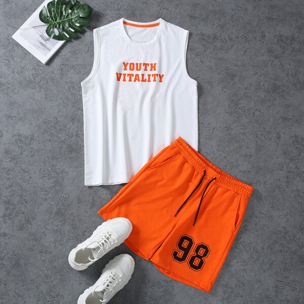 

Men Letter Graphic Drawstring Basketball Jersey Set, Multicolor