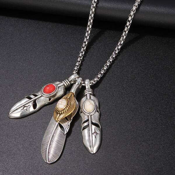 

Men Feather Charm Necklace, Antique silver