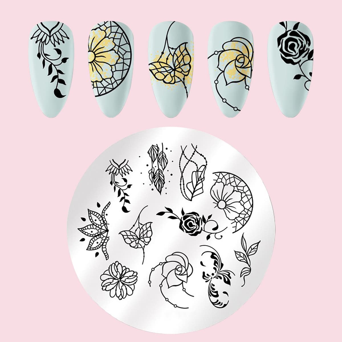 

1pc Floral Nail Art Template, Silver