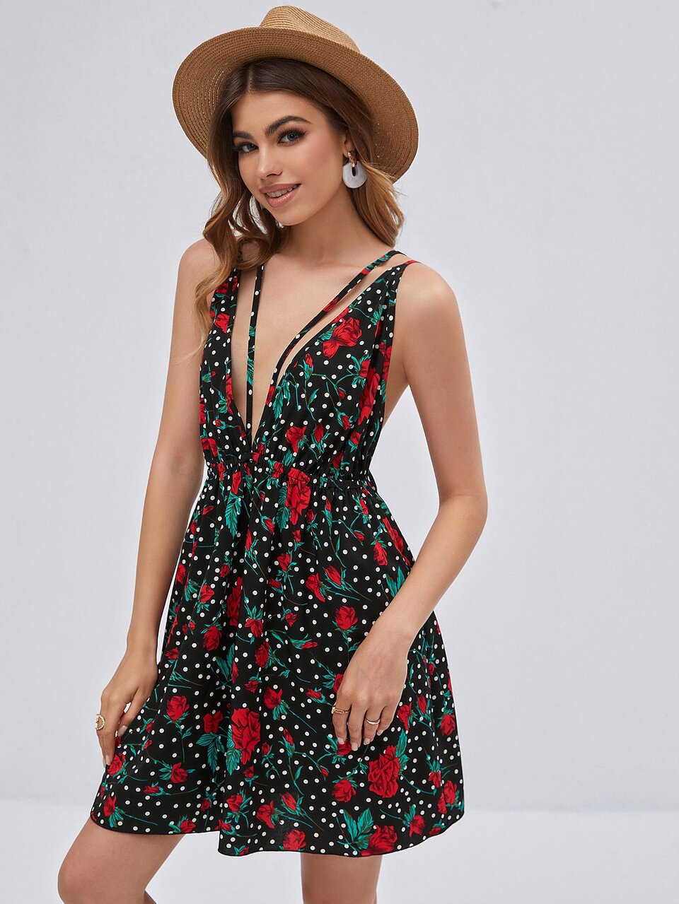 Floral And Polka Dot Print Backless Cami Dress