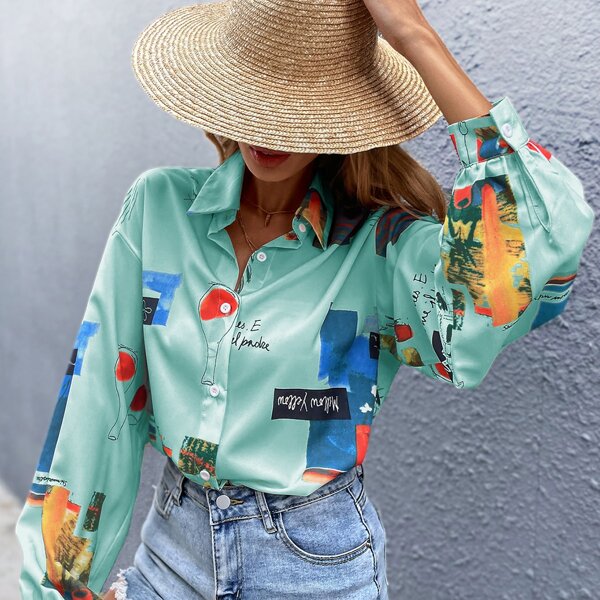 

Letter Graphic Button Front Bishop Sleeve Blouse, Mint blue