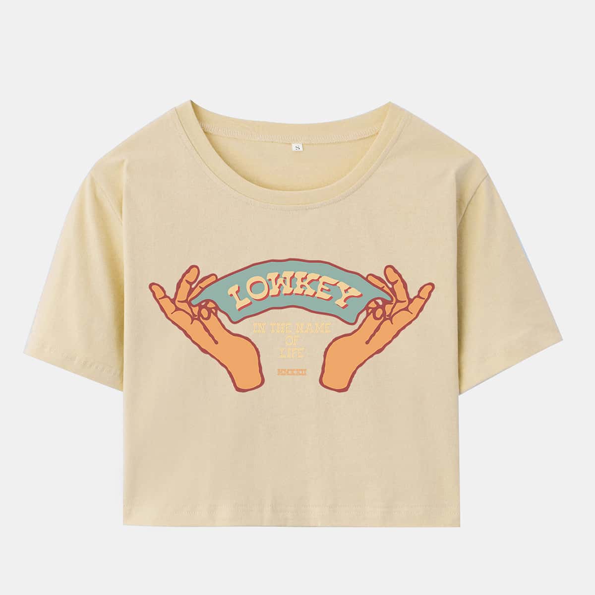 

ROMWE X Thekooroos Letter Hand Graphic Crop Tee, Beige