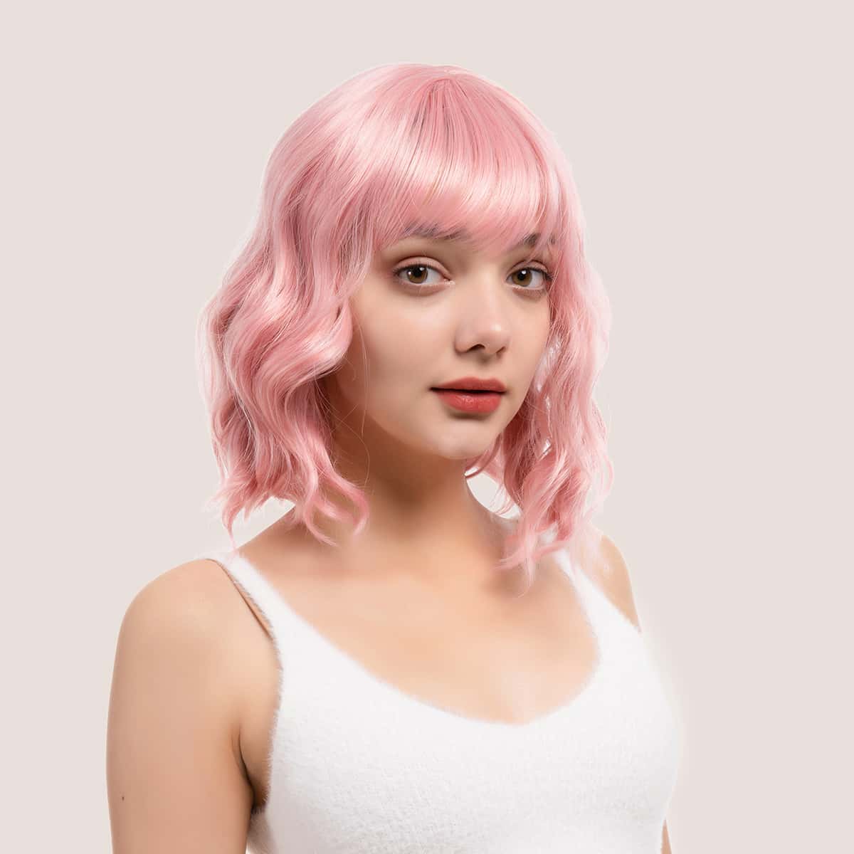

Natural Curly Short Wig With Bangs, Pink