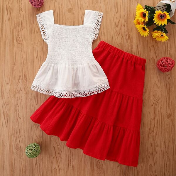 

Toddler Girls Shirred Peplum Blouse & Skirt, Red and white