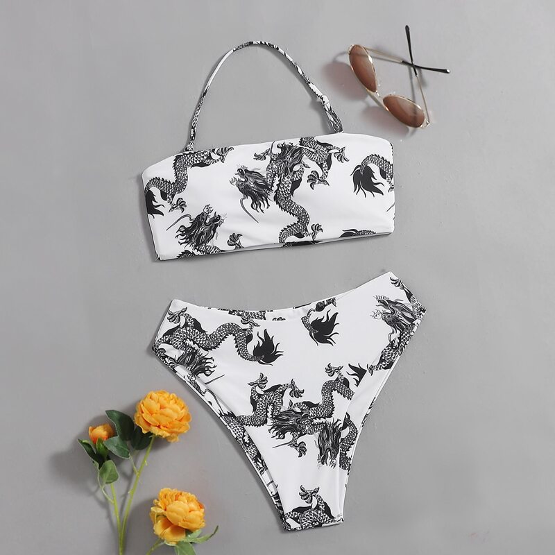 

Chinese Dragon Graphic Bikini Swimsuit, Black and white