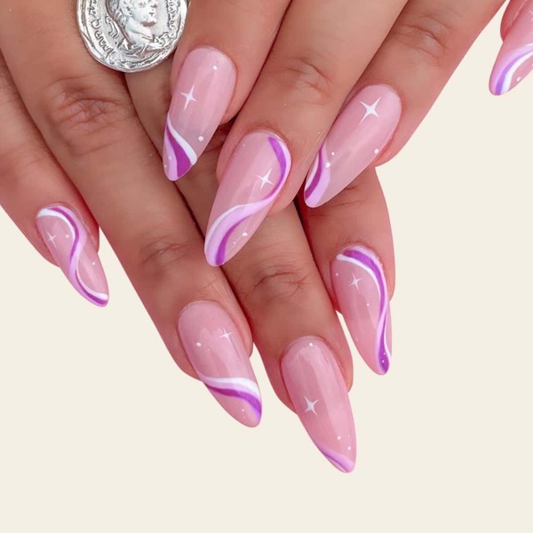 

24pcs Graphic Fake Nail & 1sheet Tape & 1pc Nail File, Pink
