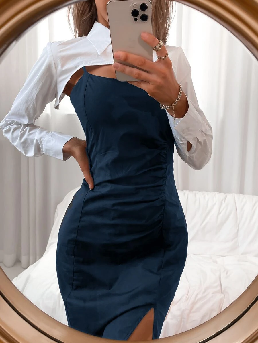 開衩吊帶洋裝和超短版襯衫