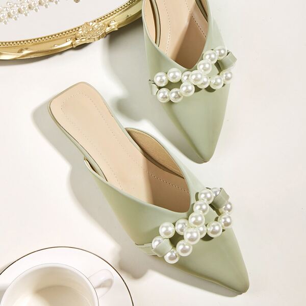 

Faux Pearl Decor Flat Mules, Green