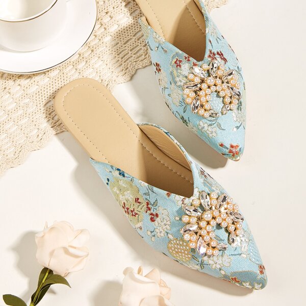 

Faux Pearl Decor Flat Mules, Baby blue