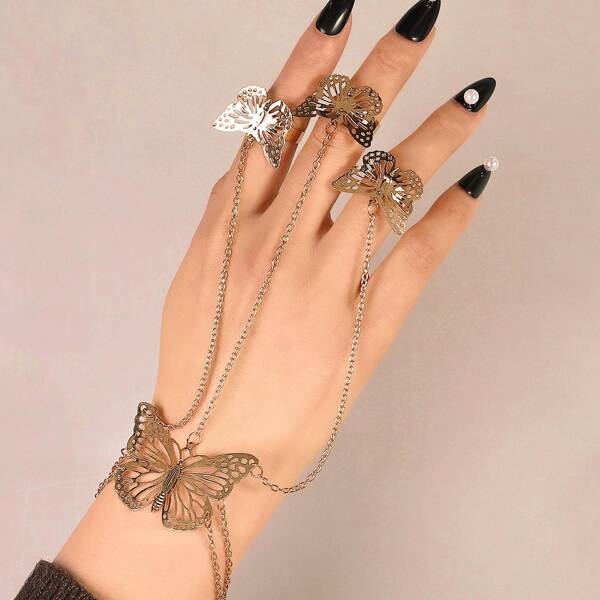 

Butterfly Decor Finger Ring Bracelet, Gold