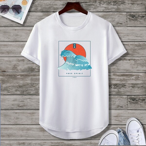 

Men Chinese Letter & Wave Print Tee, White