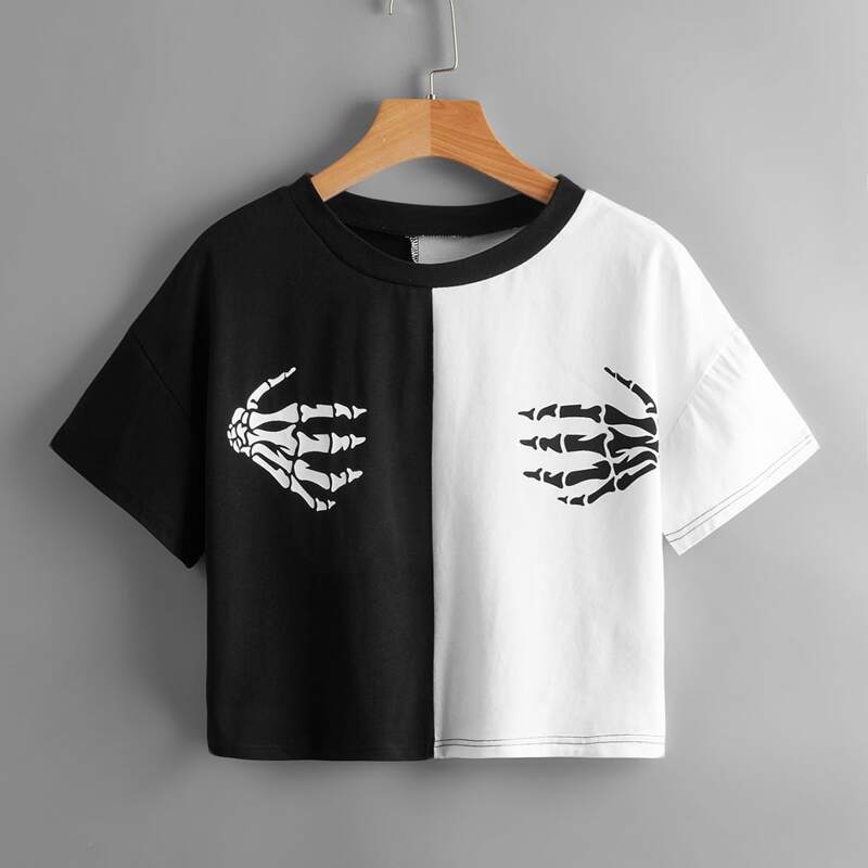 

Two Tone Skeleton Graphic Tee, Black and white