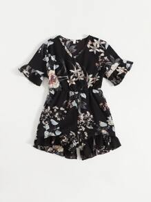 Niñas Mono floral ribete con fruncido - Negro - Ver 1