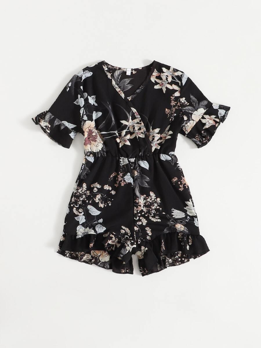 Niñas Mono floral ribete con fruncido - Negro - Ver 1