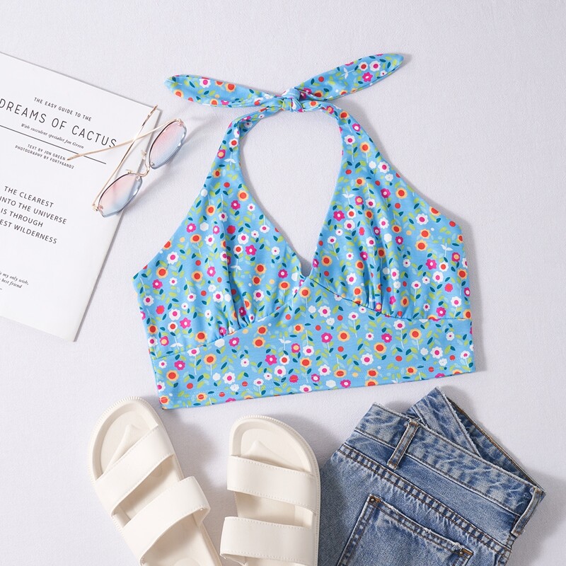 

Ditsy Floral Halter Crop Top, Blue