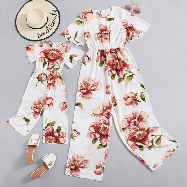 

Toddler Girls 1pc Floral Flutter Sleeve Culotte Jumpsuit, Multicolor