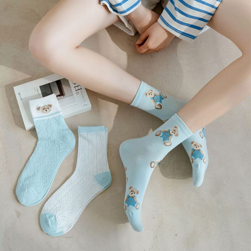 

3pairs Cartoon Bear Crew Socks, Blue
