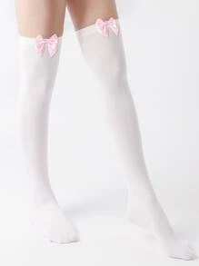 1pair Women's Cute & Sexy Over Knee White Stockings With Bowknot Decoration, Perfect For Cosplay Party - White - View 3