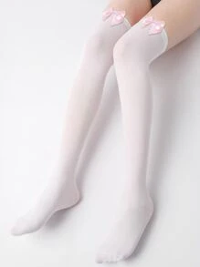 1pair Women's Cute & Sexy Over Knee White Stockings With Bowknot Decoration, Perfect For Cosplay Party - White - View 4