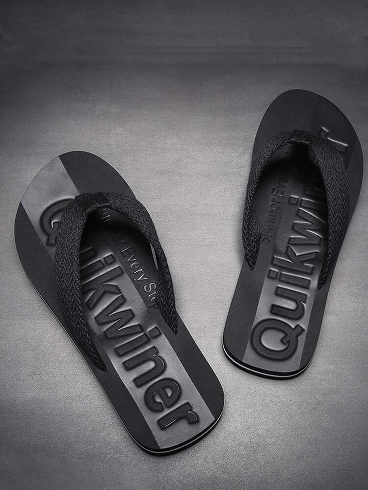 Men Letter Embossed Flip Flops - Black - View 2